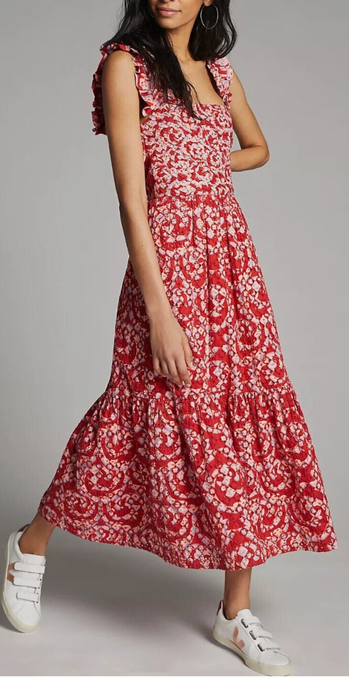 Anthropologie Atelier 1756 Colombia Amal Red Eyelet Midi Dress Size Small